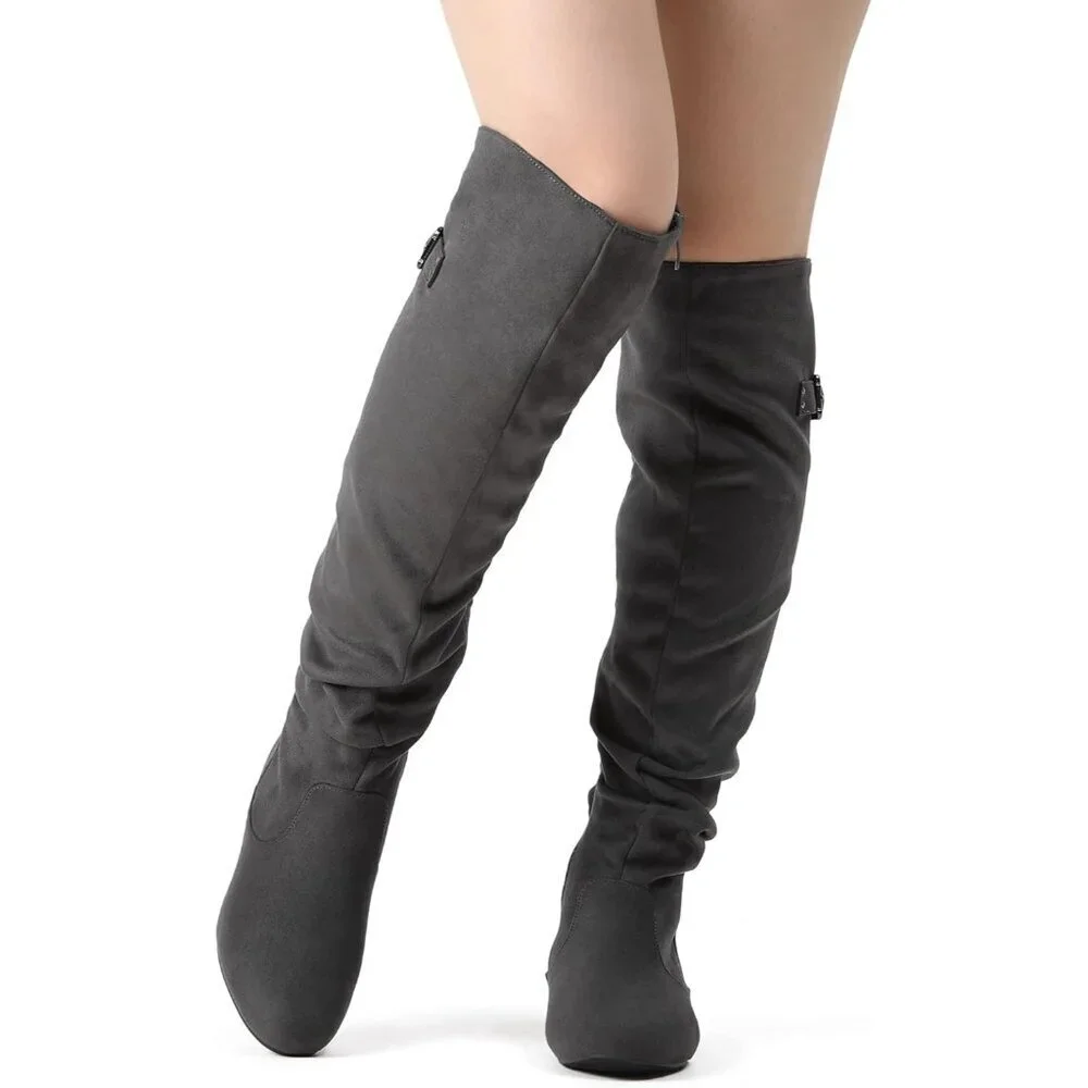 Women's Grey Suede Over The Knee Thigh High Comfortable Low Heel Winter Boots